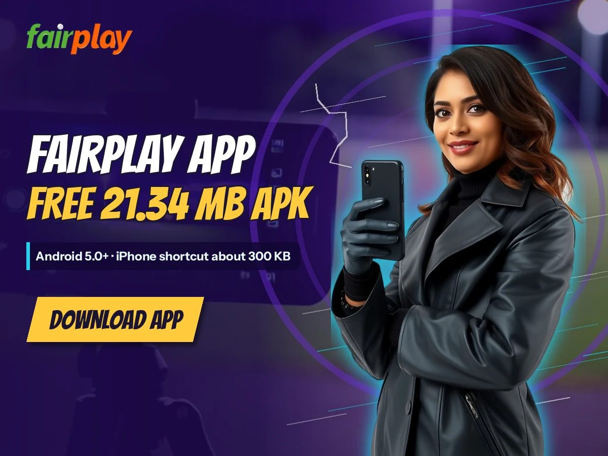 FairPlay banner with a woman in a black leather coat holding one smartphone beside the words FairPlay App: Free 21.34 MB APK