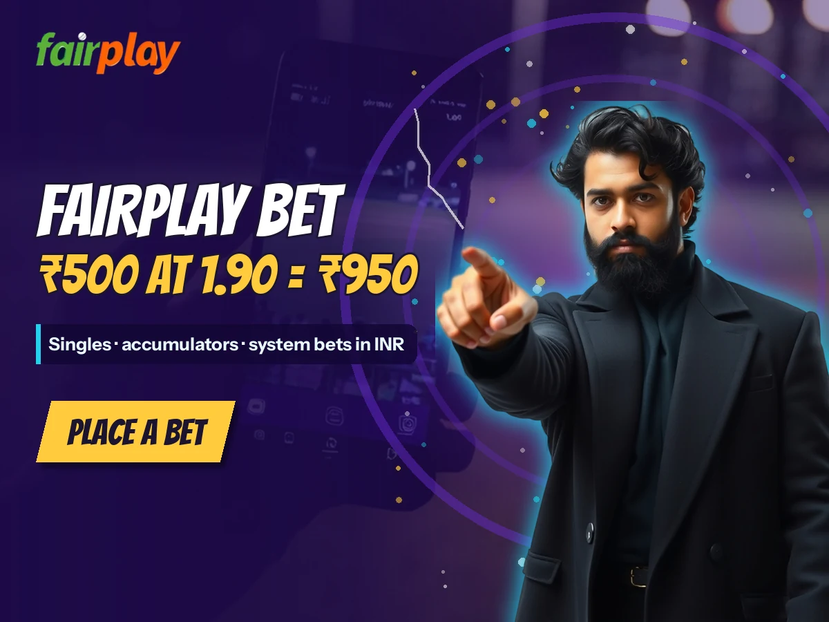 FairPlay banner with a bearded man in a black coat pointing at the viewer beside the words FairPlay Bet: ₹500 at 1.90 = ₹950