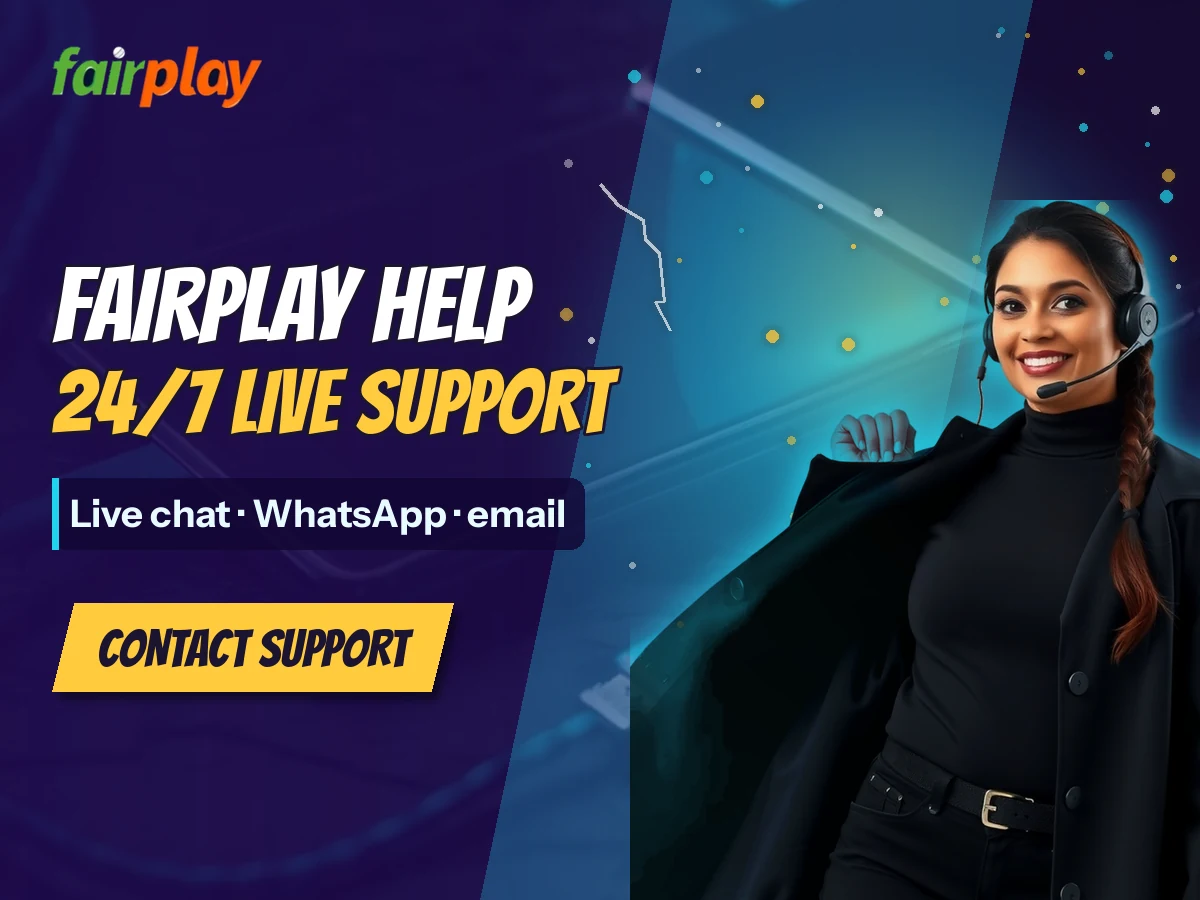 FairPlay banner with a woman in a black coat wearing a headset beside the words FairPlay Help: 24/7 live support