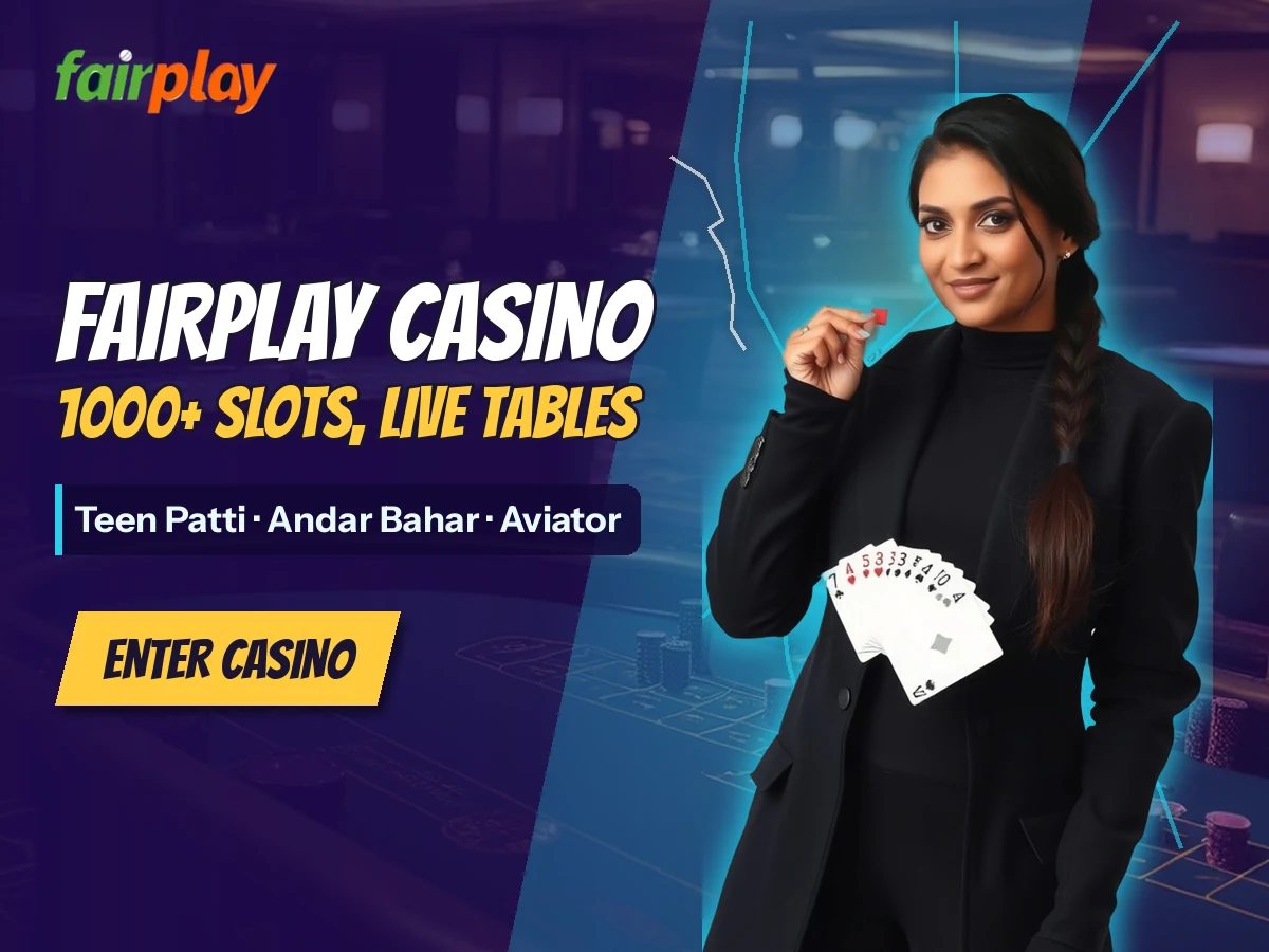FairPlay banner with a woman in a black coat holding fanned playing cards beside the words FairPlay Casino: 1000+ slots, live tables