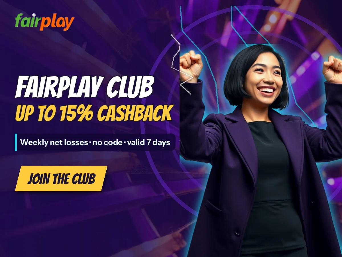 FairPlay banner with a woman in a violet coat cheering with both fists up beside the words FairPlay Club: Up to 15% cashback