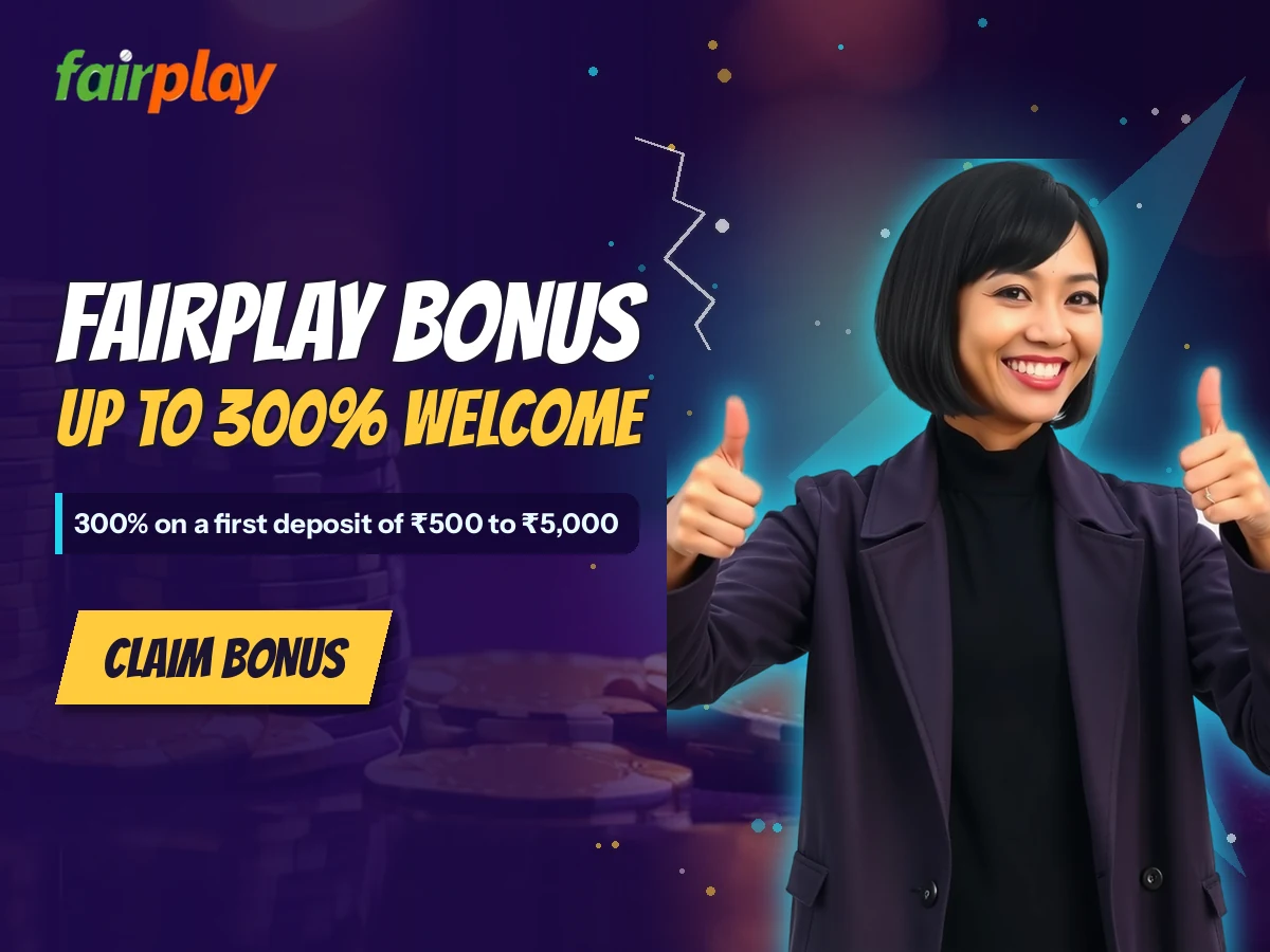 FairPlay banner with a woman in a violet coat giving two thumbs up beside the words FairPlay Bonus: Up to 300% welcome
