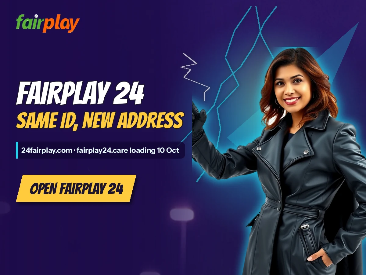 FairPlay banner with a woman in a black leather coat pointing left beside the words FairPlay 24: Same ID, new address