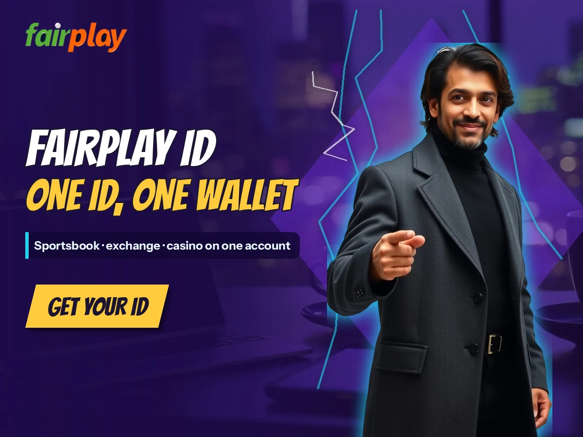 FairPlay banner with a man with wavy hair in a charcoal coat pointing left beside the words FairPlay Id: One ID, one wallet