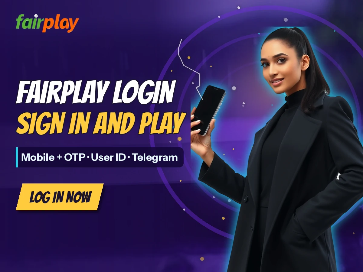 FairPlay banner with a woman in a black trench coat holding one smartphone beside the words FairPlay Login: Sign in and play