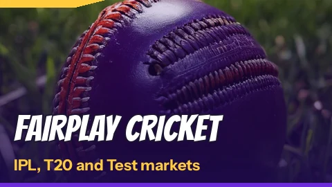 FairPlay Cricket tile on a night backdrop noting IPL, T20 and Test markets